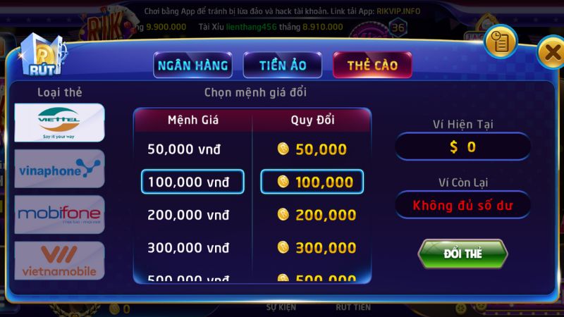 Cách thức rút tiền Rikvip đơn giản với thẻ cào